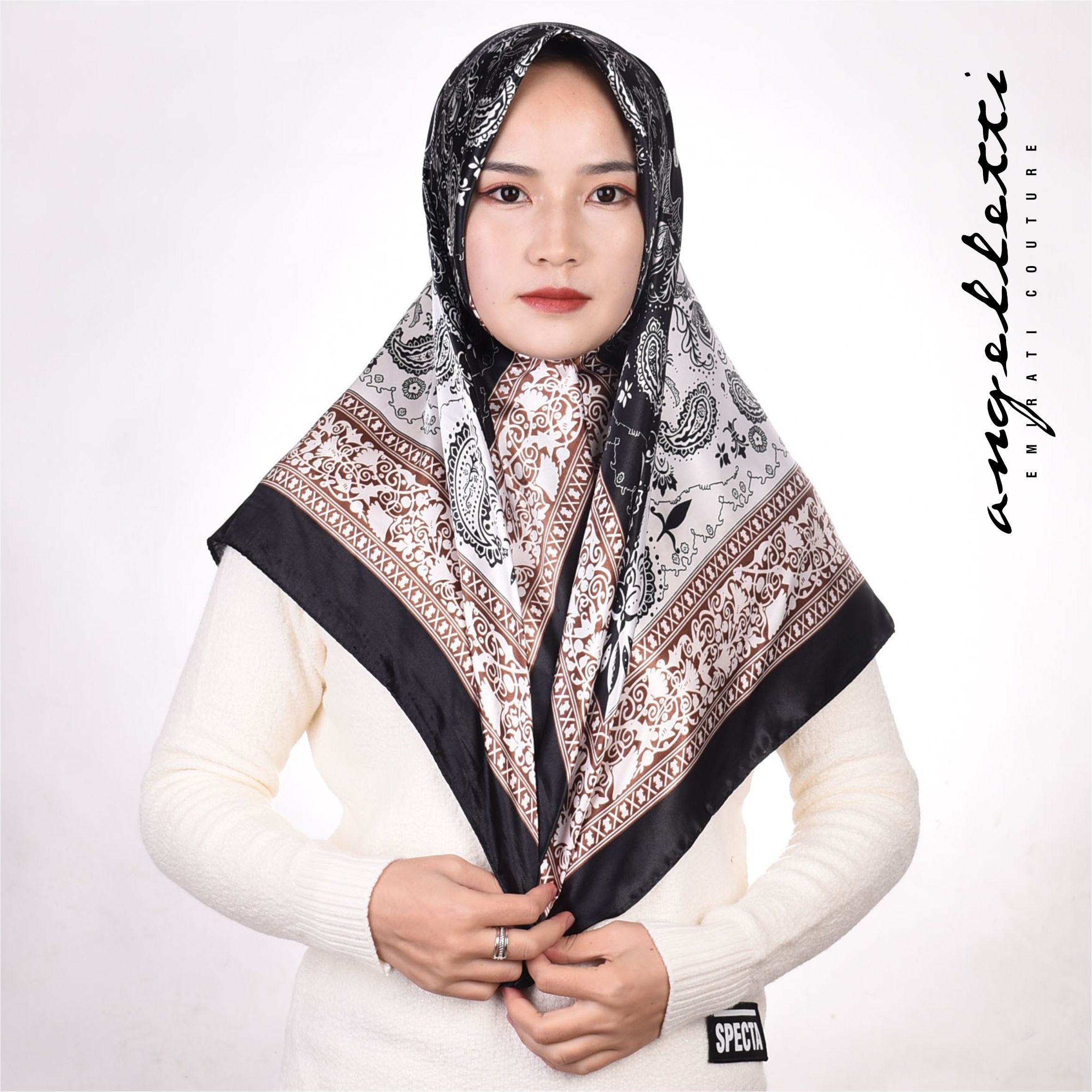 ANGELLETTI Hijab Jilbab Satin Motif Square 90 cm x 90 cm D216 Black